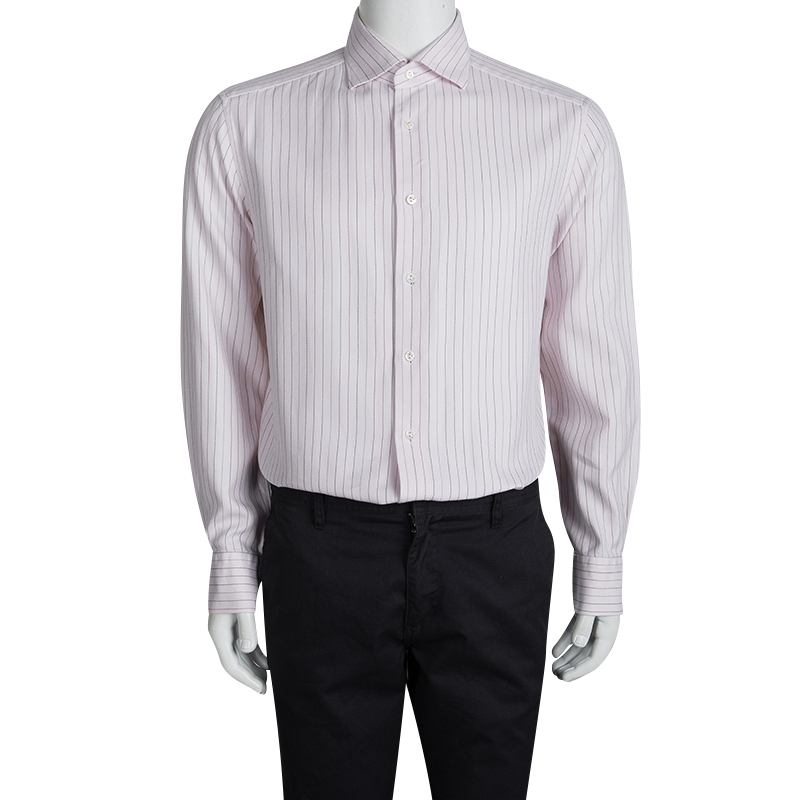 

Ermenegildo Zegna Pink Cotton Striped Long Sleeve Button Front Shirt