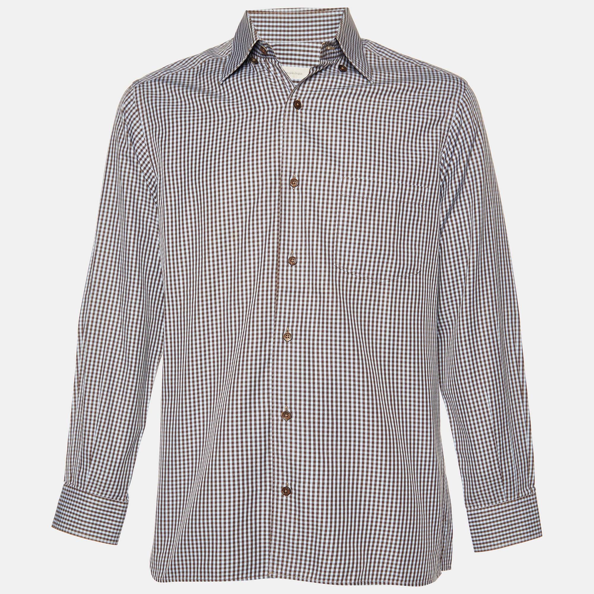 Pre-owned Ermenegildo Zegna Blue Micro Checked Cotton Button Down Shirt M