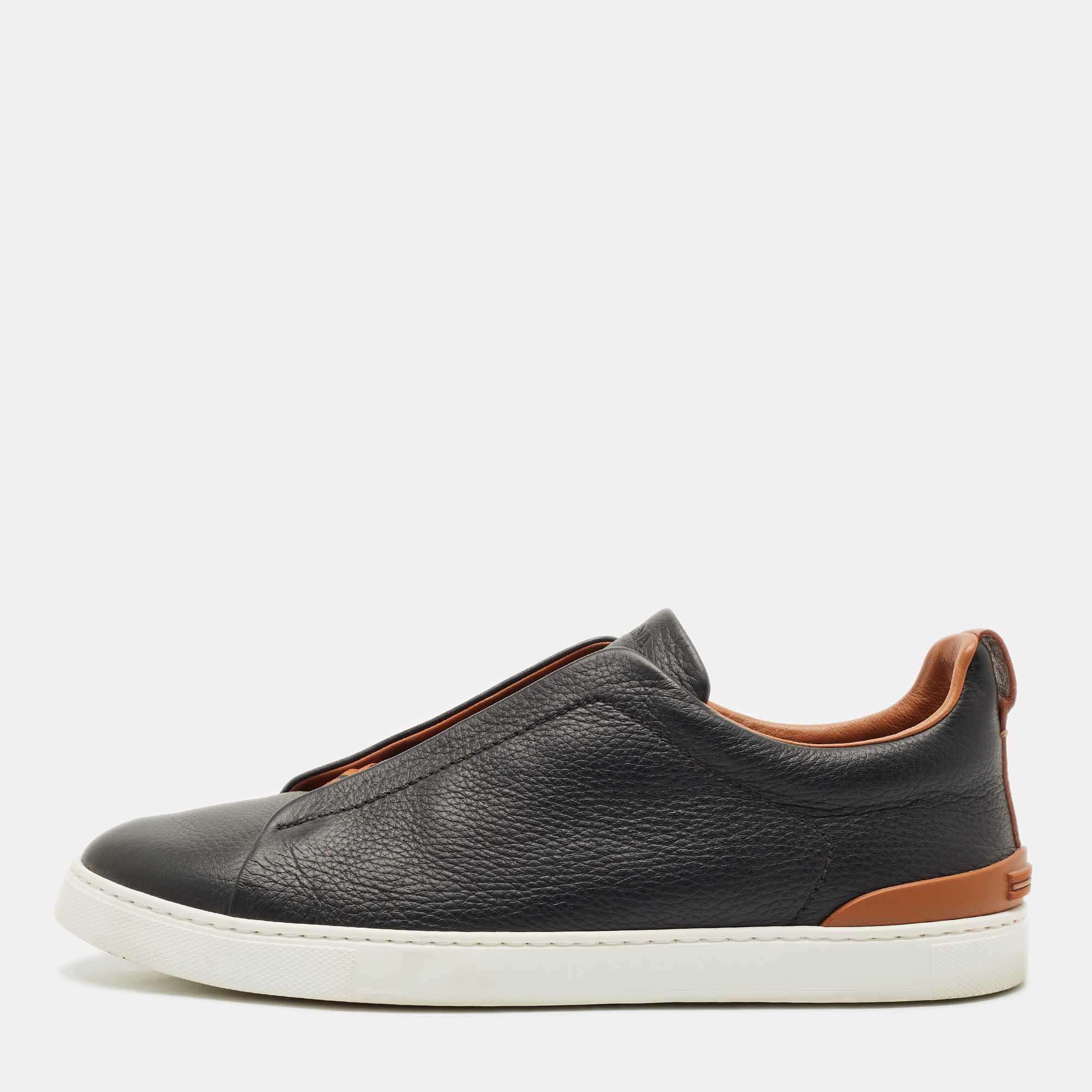 

Ermenegildo Zegna Black Leather triple stitch Slip On Sneakers Size 45
