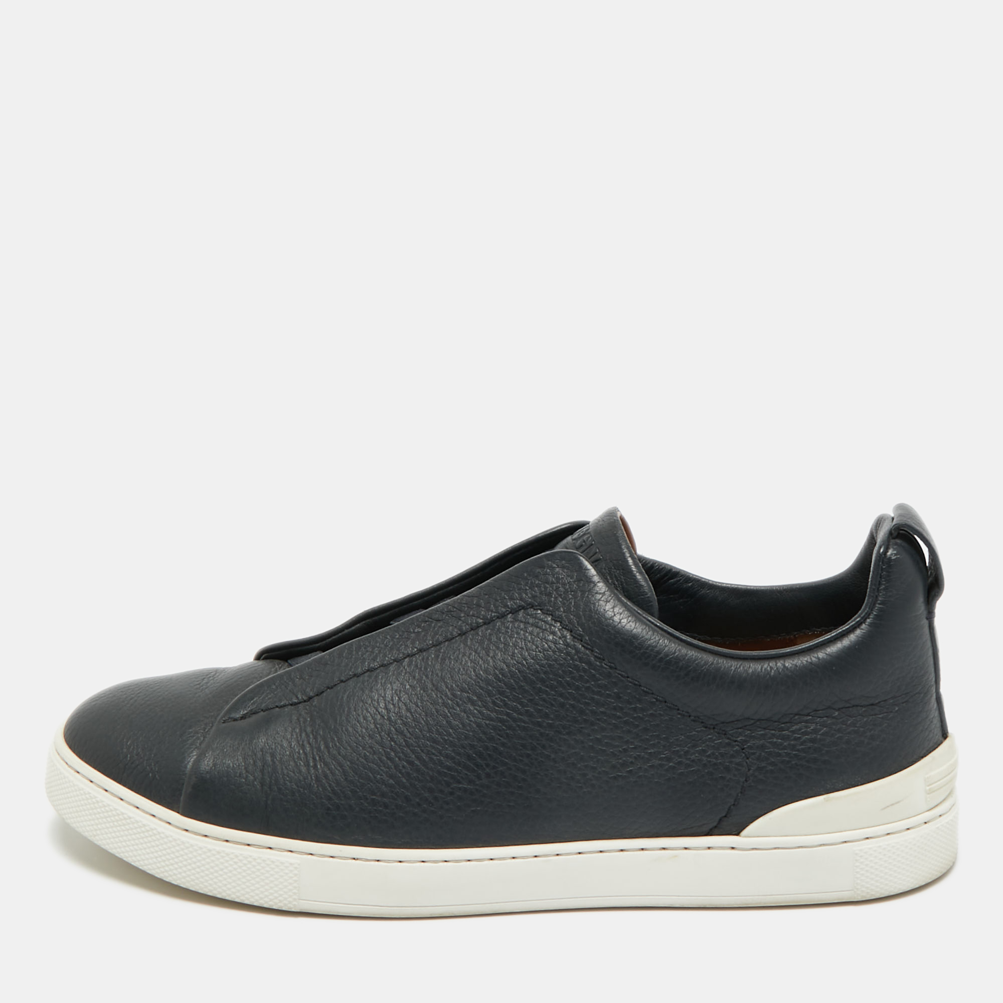 

Ermenegildo Zegna Navy Blue Leather Triple Stitch Slip On Sneakers Size 42
