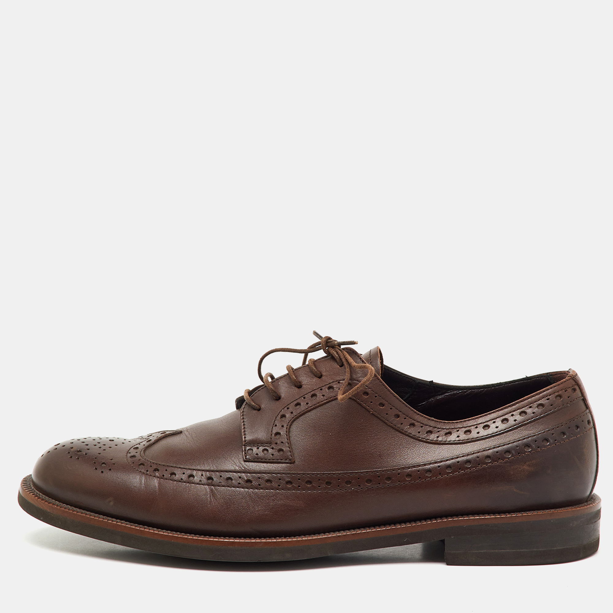 Pre-owned Ermenegildo Zegna Dark Brown Leather Brogue Wingtip Lace Up Derby Size 42