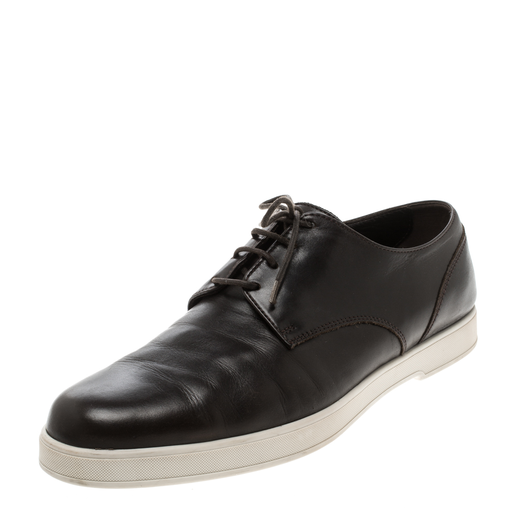 Pre Owned Ermenegildo Zegna Brown Leather Lace Up Sneakers Size 42.5