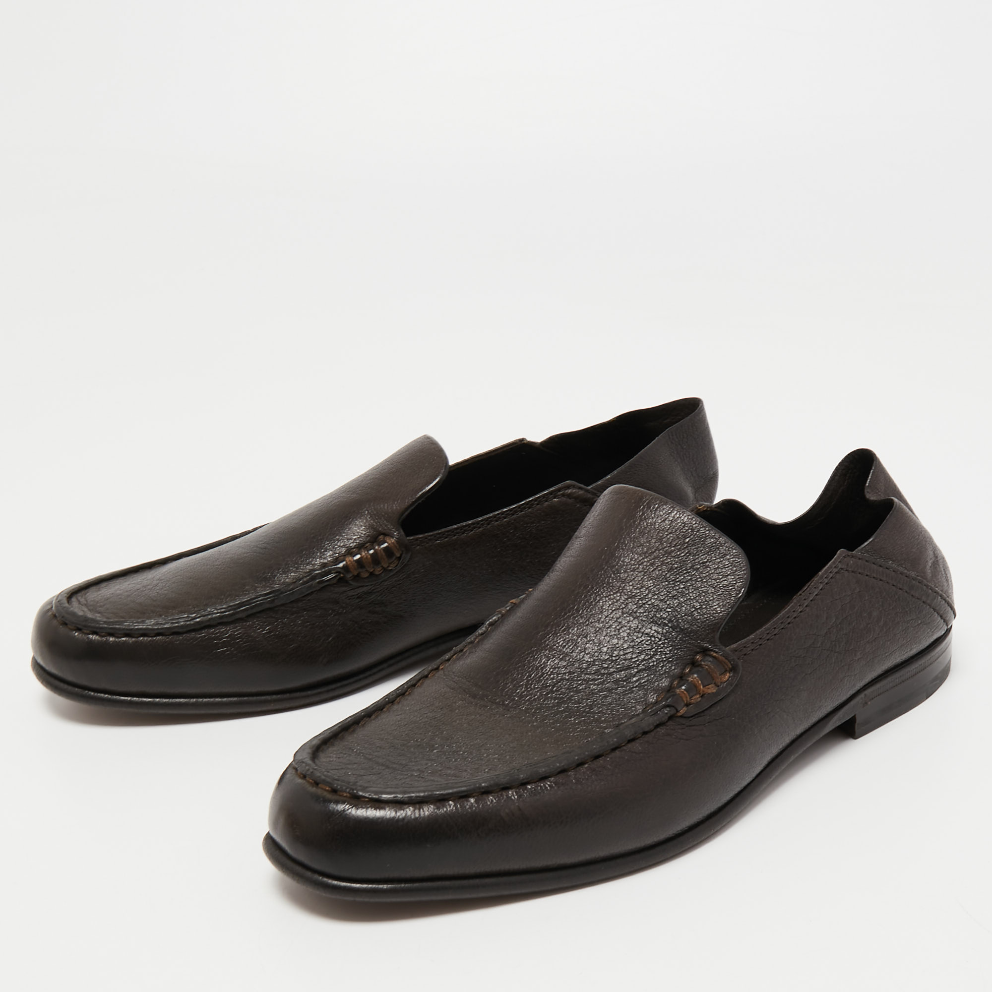 

Ermenegildo Zegna Dark Brown Leather Slip On Loafers Size