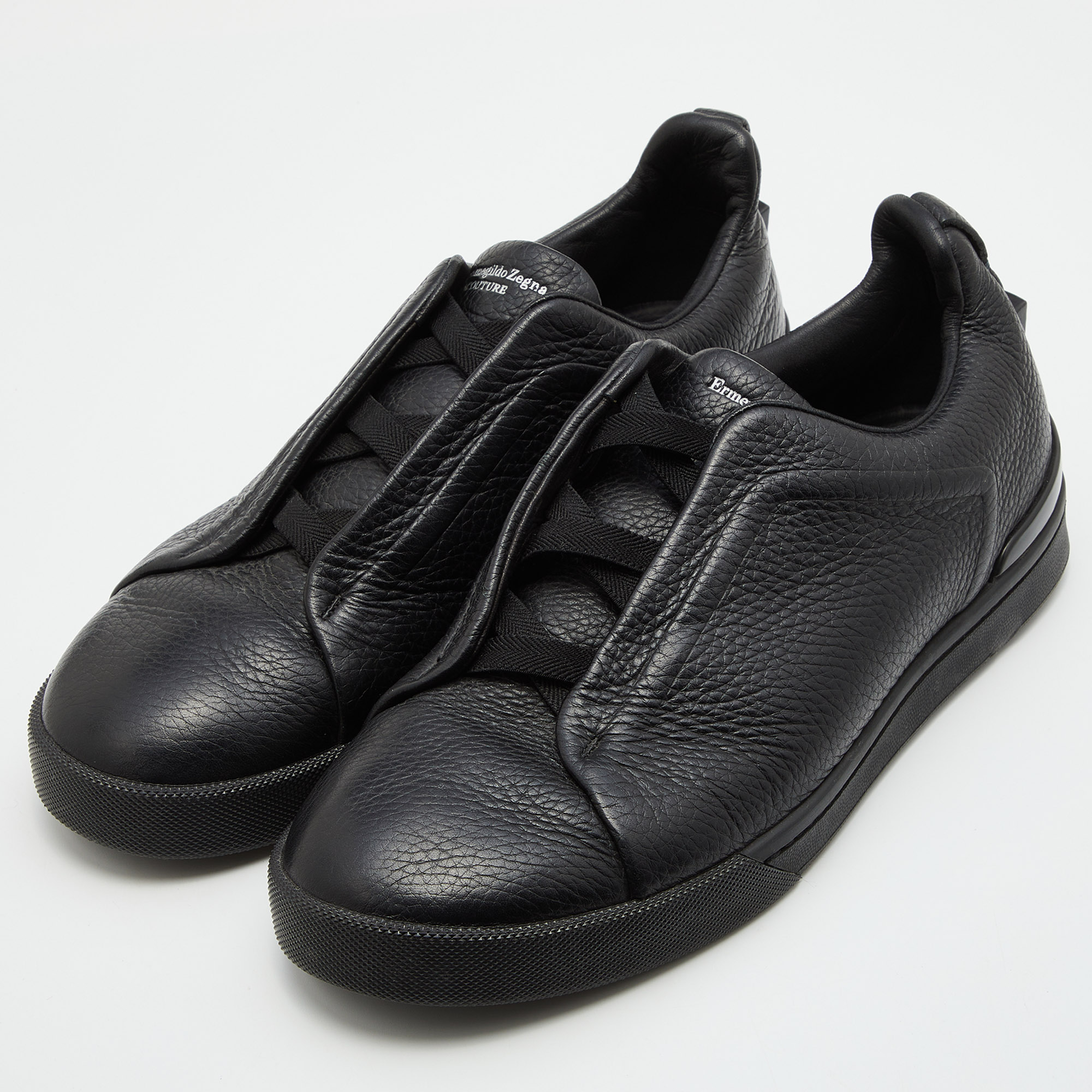 

Ermenegildo Zegna Black Leather Triple Stitch Slip On Sneakers Size