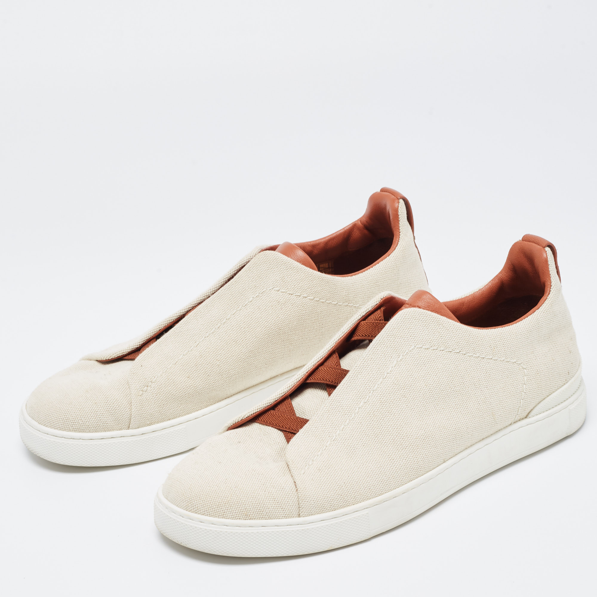 

Ermenegildo Zegna Cream/Brown Canvas Triple Stitch Low Top Sneakers Size