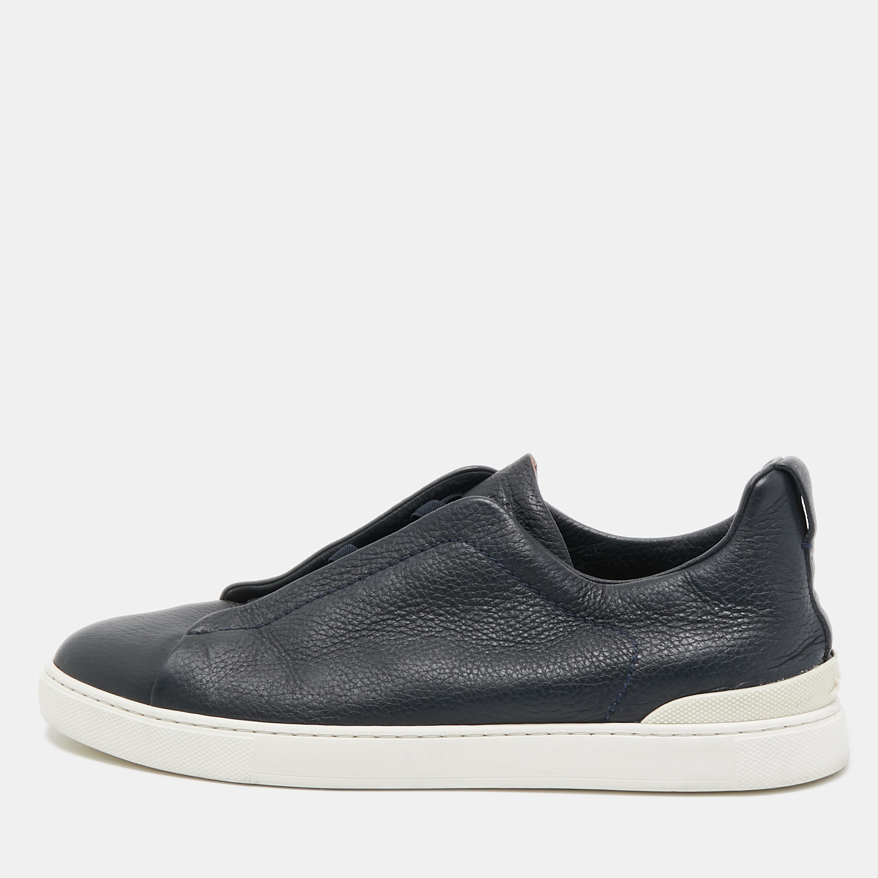 Pre Owned Ermenegildo Zegna Black/Navy Blue Leather and Suede Triple Stitch Slip-On Sneakers Size 43