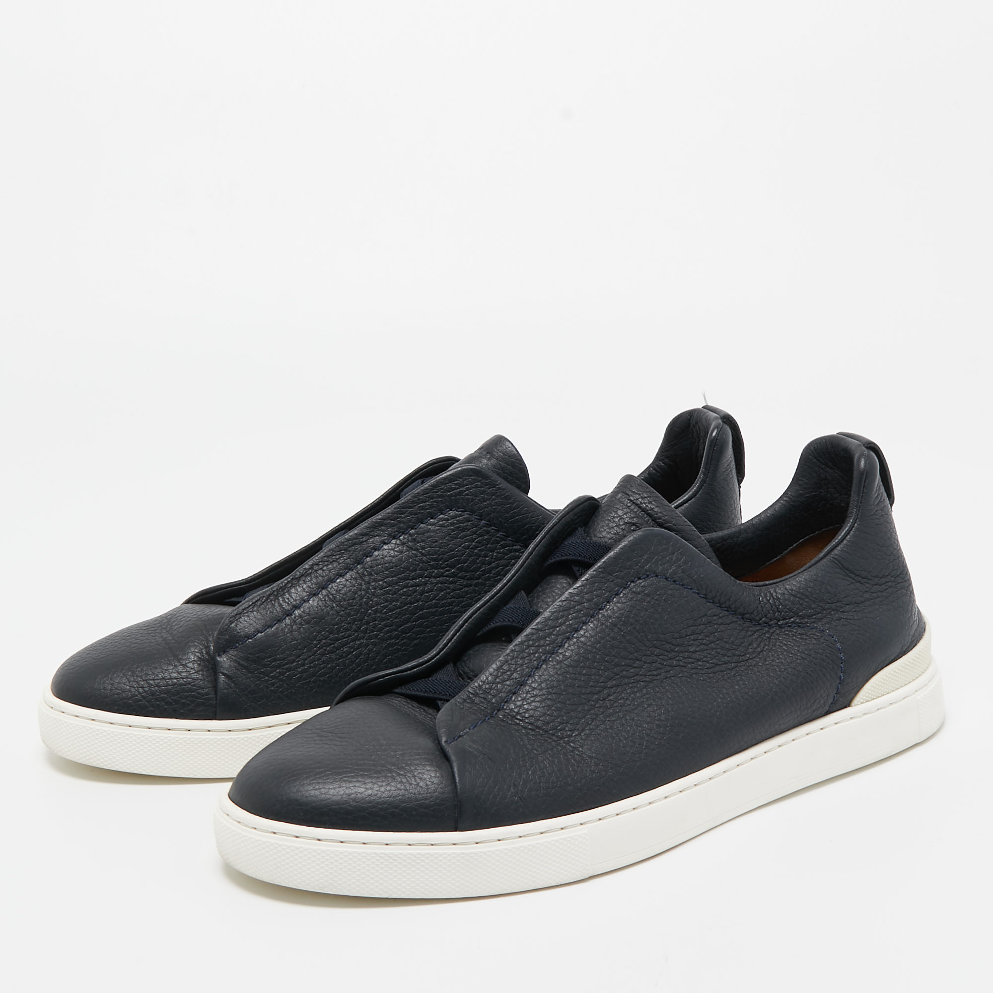 

Ermenegildo Zegna Black/Navy Blue Leather and Suede Triple Stitch Slip-On Sneakers Size