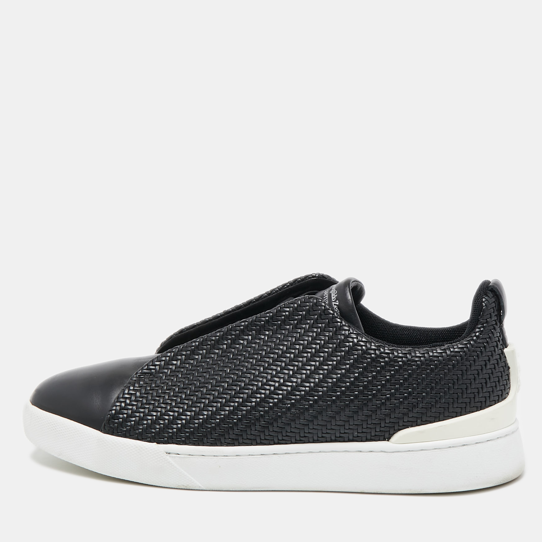 مملوكة مسبقًا Ermenegildo Zegna Black Woven Leather Pelletessuta Triple Stitch Sneakers Size 43.5