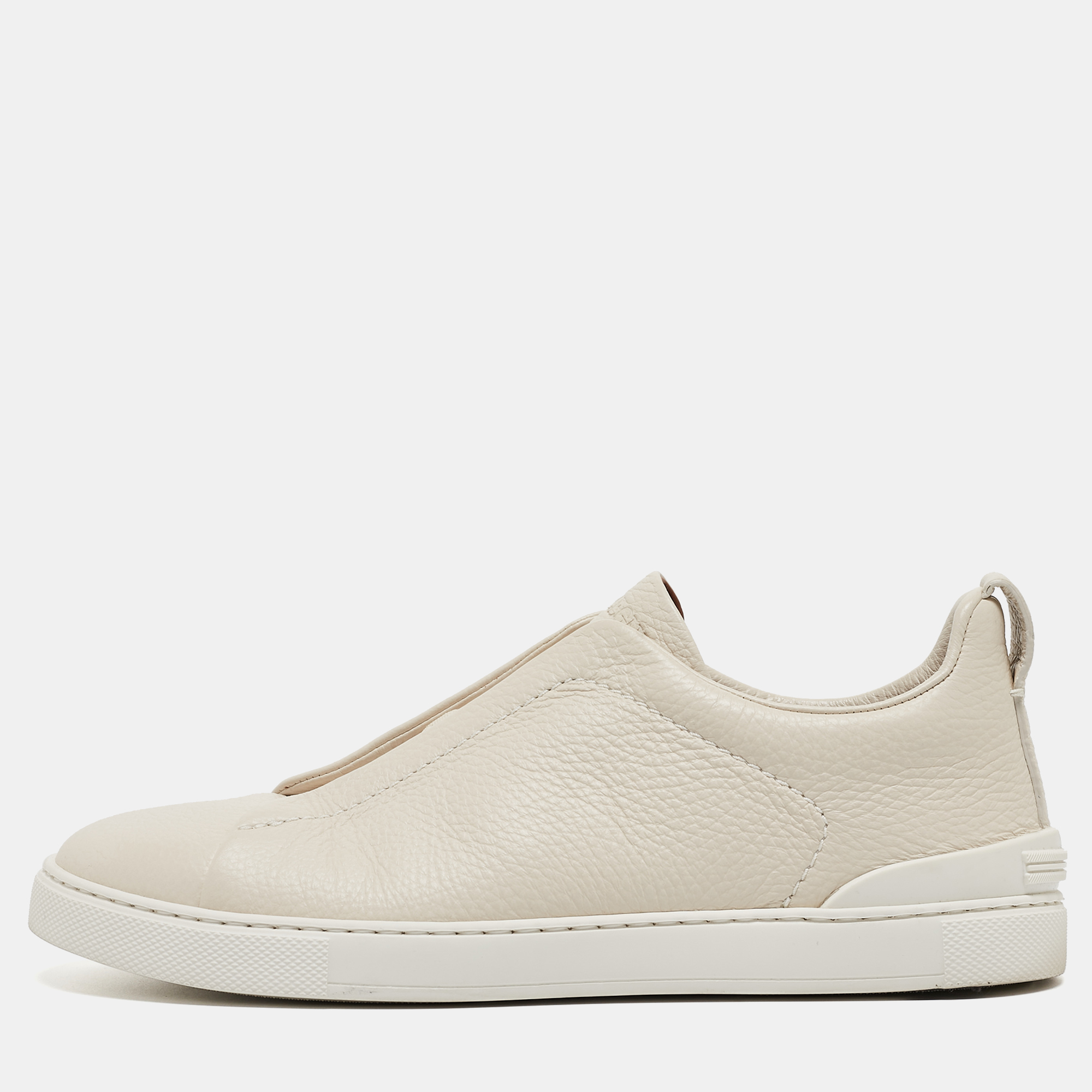 Pre Owned Zegna Cream Leather Triple Stitch Sneakers Size 42