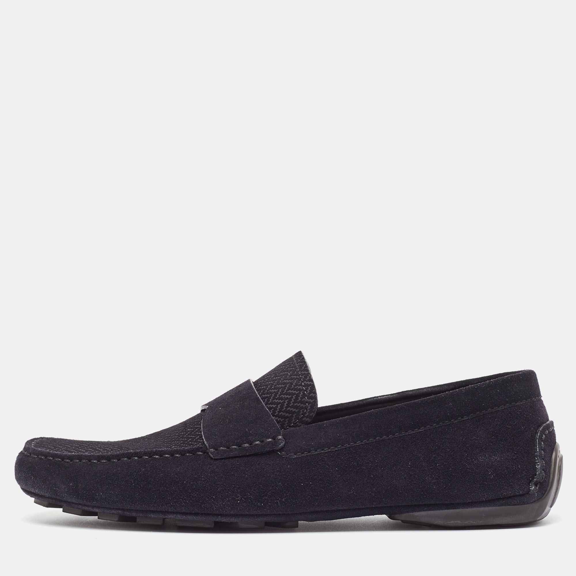 Navy Blue Textured Suede Slip On Loafers