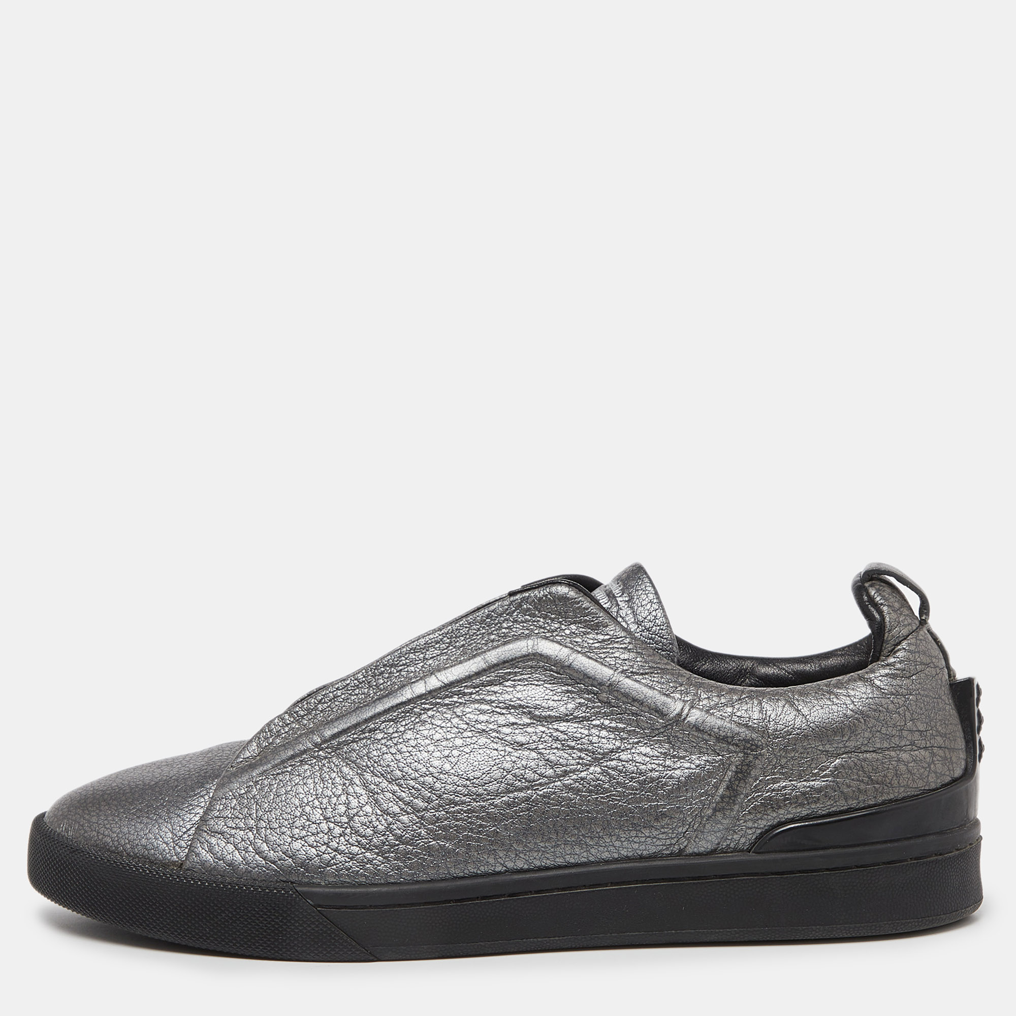 

Ermenegildo Zegna Metallic Grey Leather Triple Stitch Sneakers Size 43
