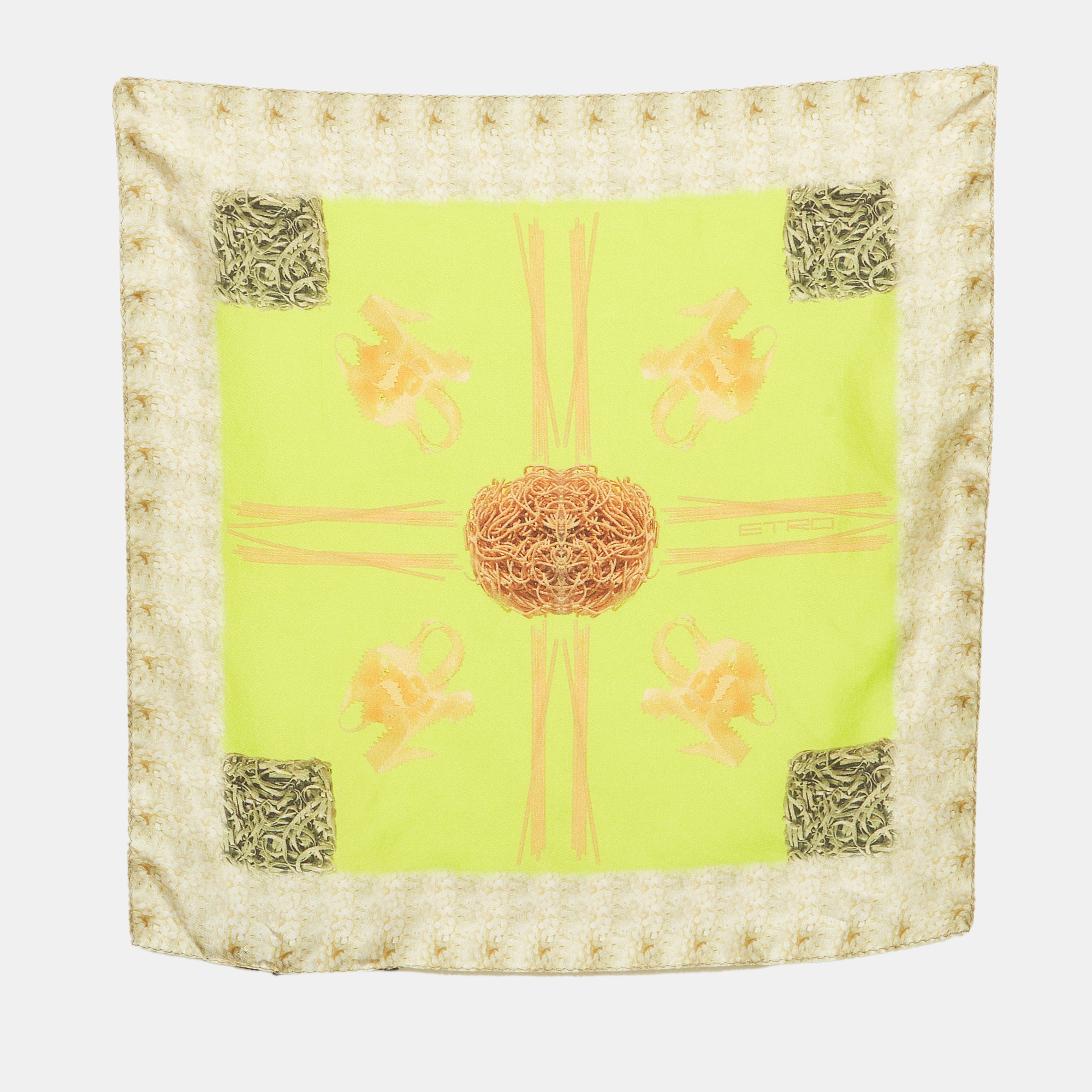 Etro Neon Green Spaghetti Print Silk Pocket Square