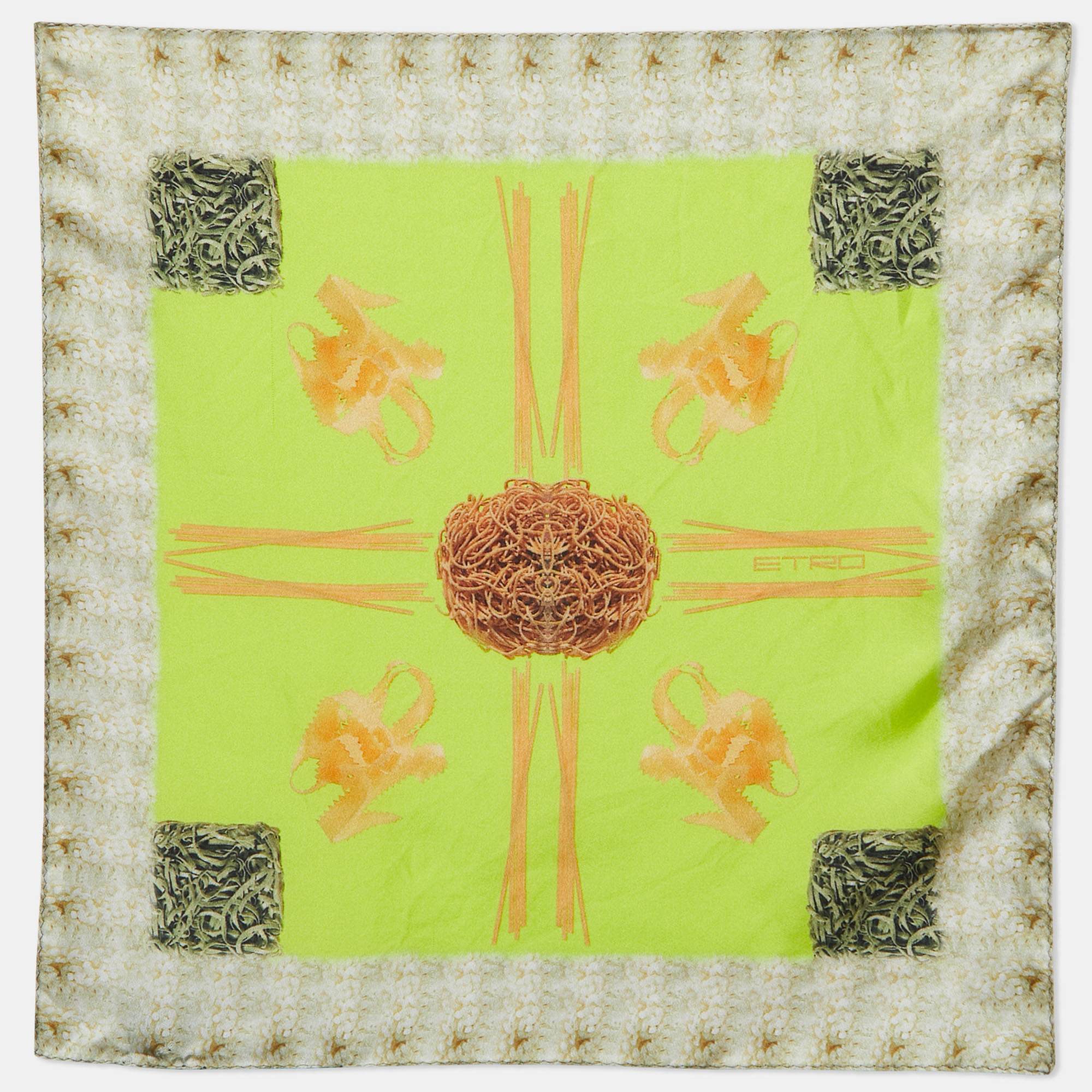 Pre-owned Etro Lime Green Pasta Print Silk Pocket Square