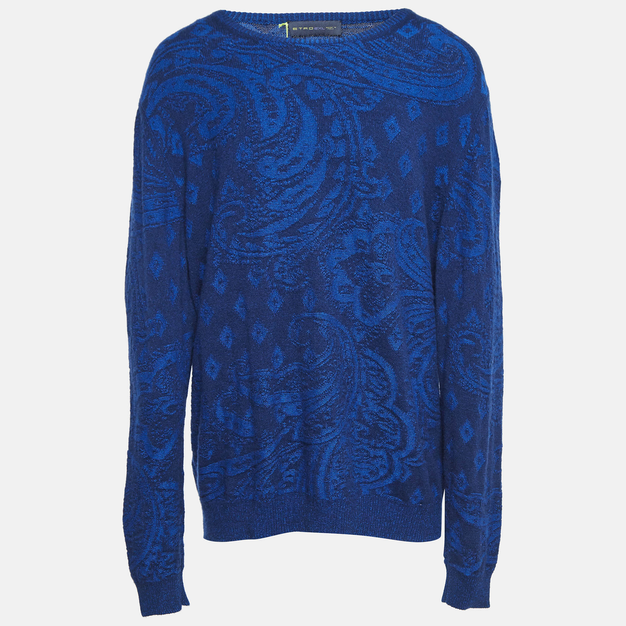 Pre-owned Etro Blue Paisley Knit Crew Neck Sweater Xxl