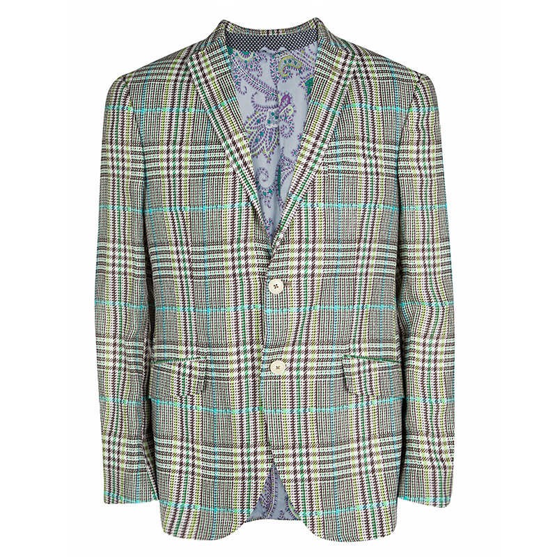 Etro Multicolor Linen Glen Plaid Superleggera Blazer L