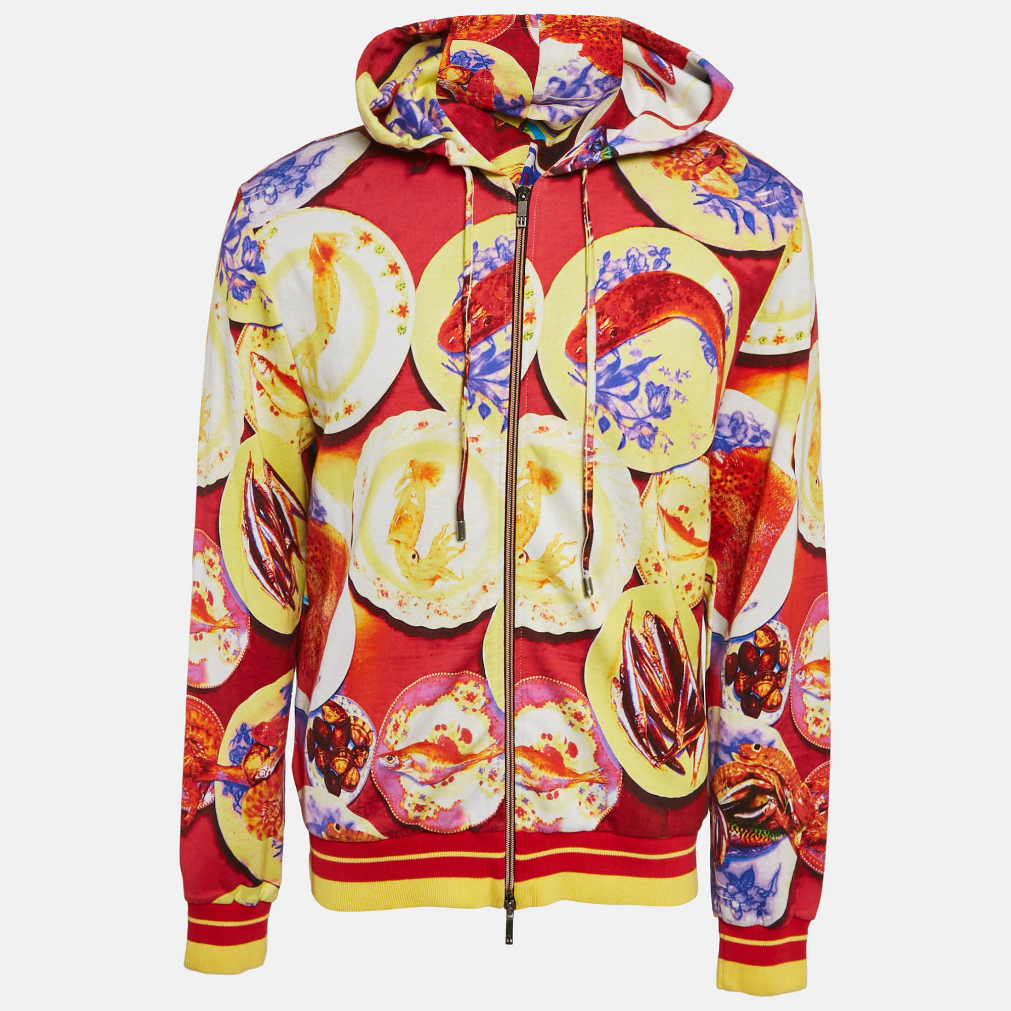 

Etro Red Seafood Print Cotton Knit Zip-Up Hoodie XL