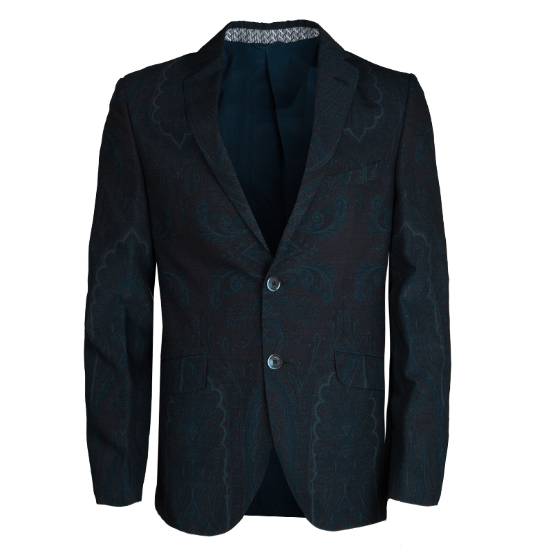 Pre Owned Etro Navy Blue and Black Paisley Printed Wool Superleggera Minerva Blazer L