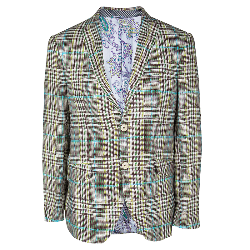 Pre Owned Etro Multicolor Linen Glen Plaid Superleggera Blazer L