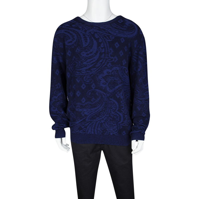 

Etro Navy Blue Cotton Cashmere Patterned Knit Sweater 2XL