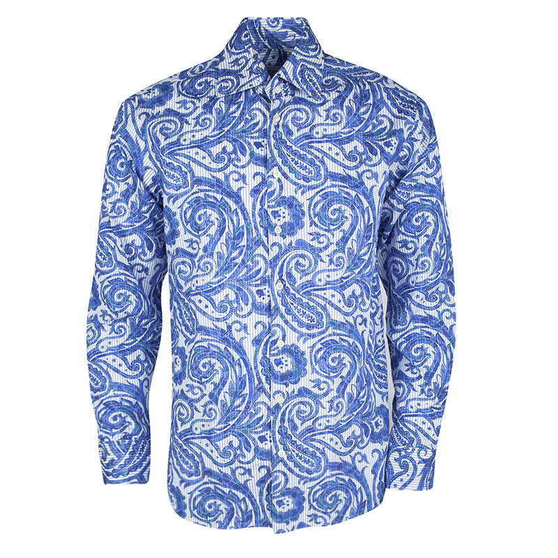 Etro Blue and White Paisley Print Long Sleeve Button Front New Lucky Reg Shirt M