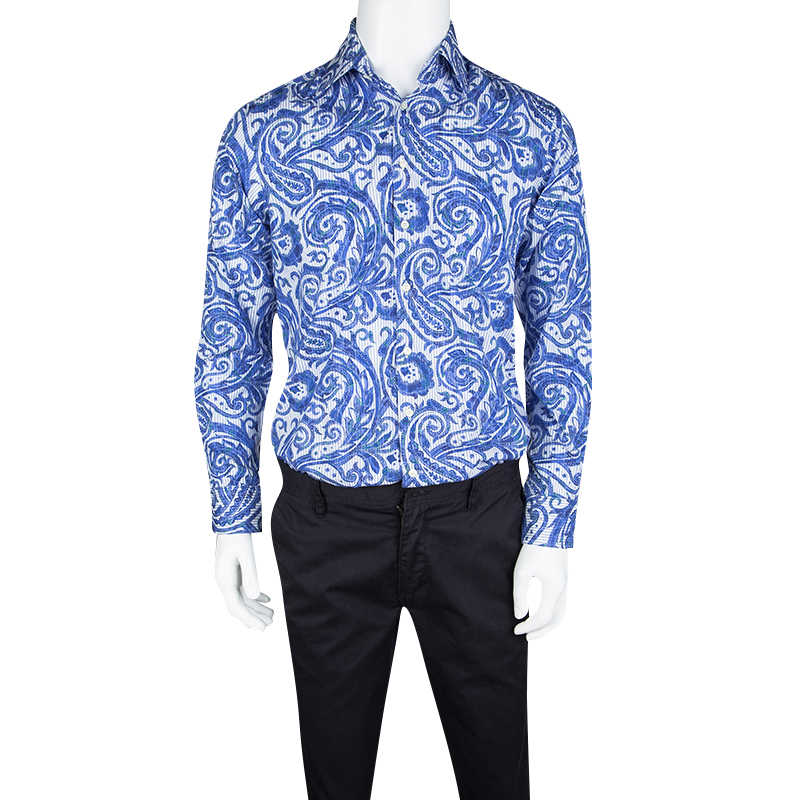 

Etro Blue and White Paisley Print Long Sleeve Button Front New Lucky Reg Shirt