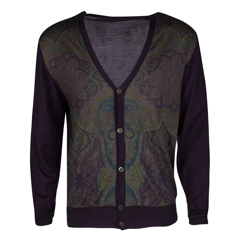 Pre Owned Etro Purple Paisley Printed Wool Silk Button Front Cardigan XL