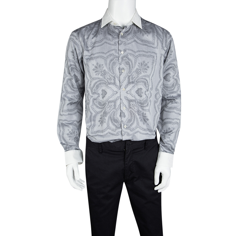 

Etro Grey Printed Contrast Collar and Cuff Detail Long Sleeve Shirt