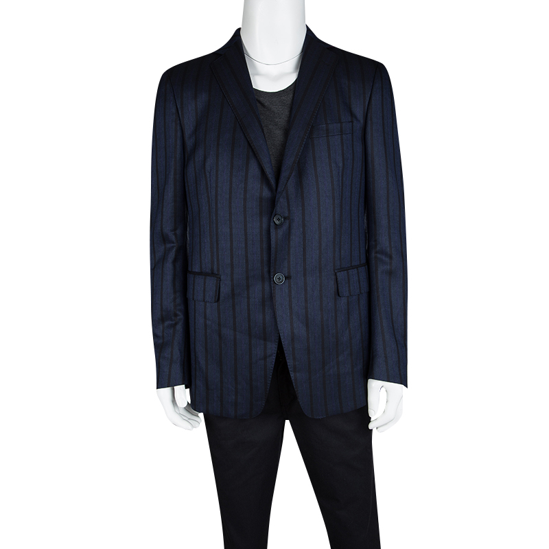 

Etro Navy Blue Striped Wool Silk Blend Mineide Regular Fit Blazer