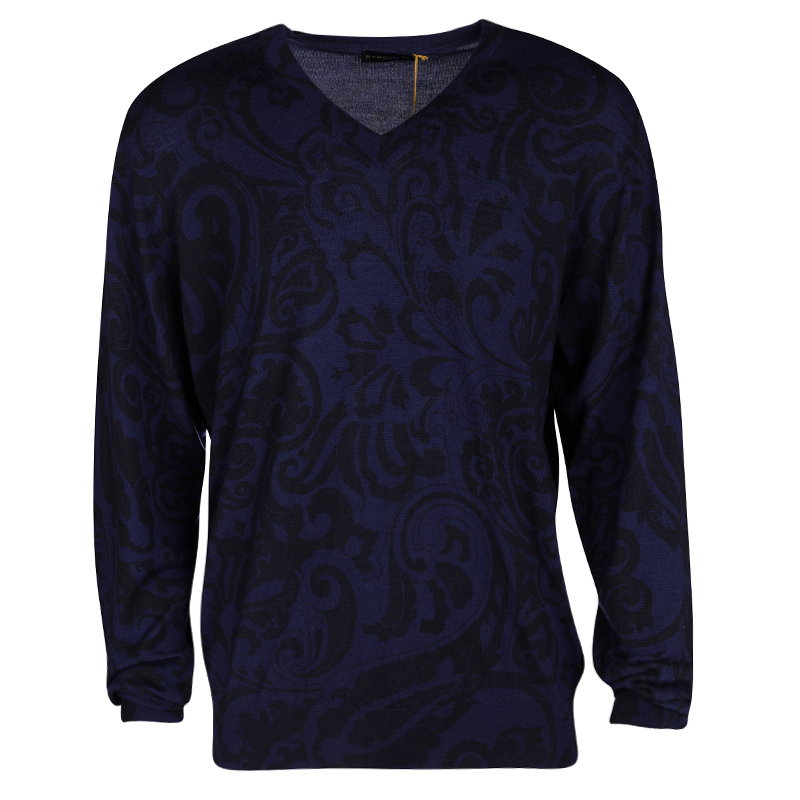 Pre Owned Etro Navy Blue Contrast Print V-Neck Sweater XXL