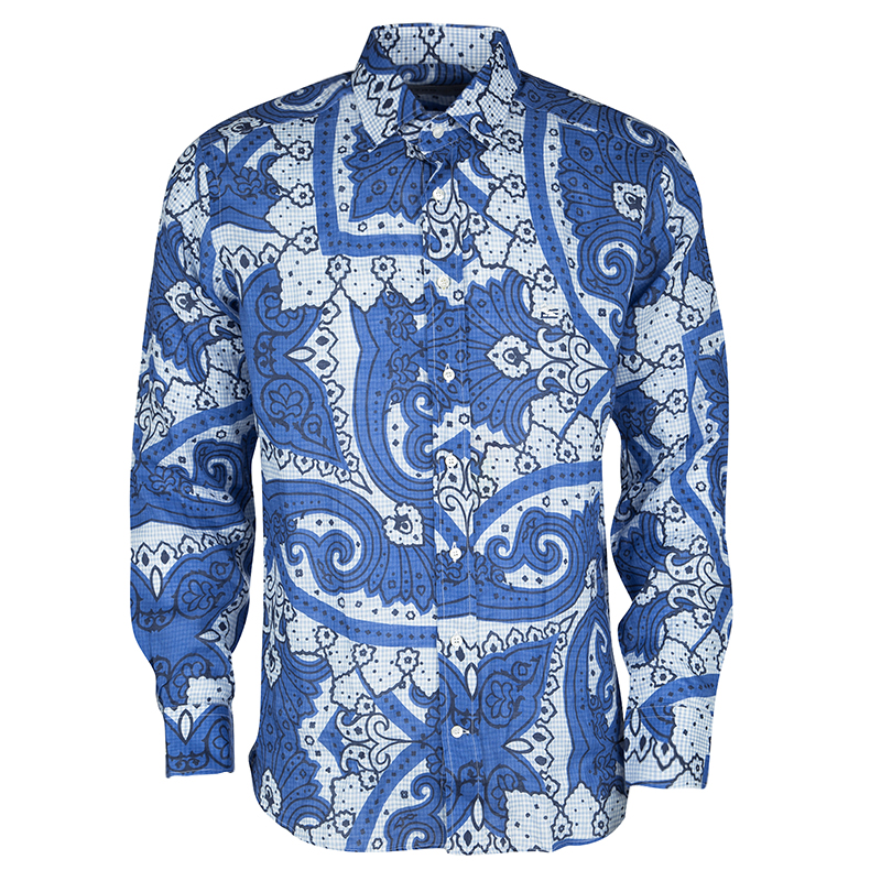 Etro Blue Paisley Printed Linen Long Sleeve Button Front Shirt M Etro | TLC