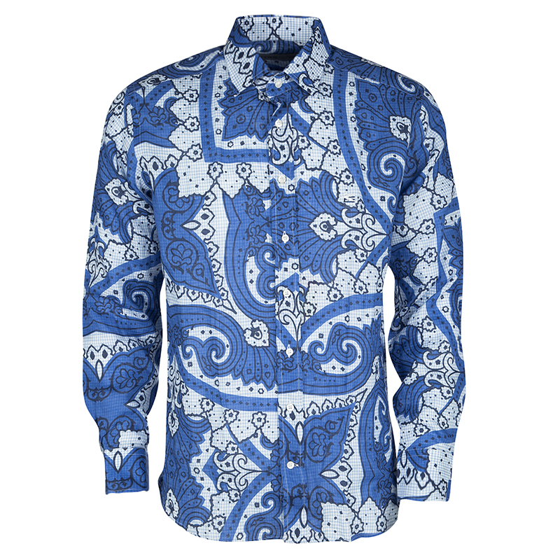 Pre Owned Etro Blue Paisley Printed Linen Long Sleeve Button Front Shirt M
