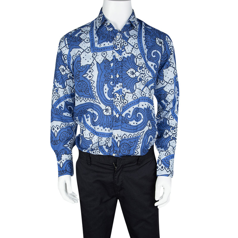 

Etro Blue Paisley Printed Linen Long Sleeve Button Front Shirt