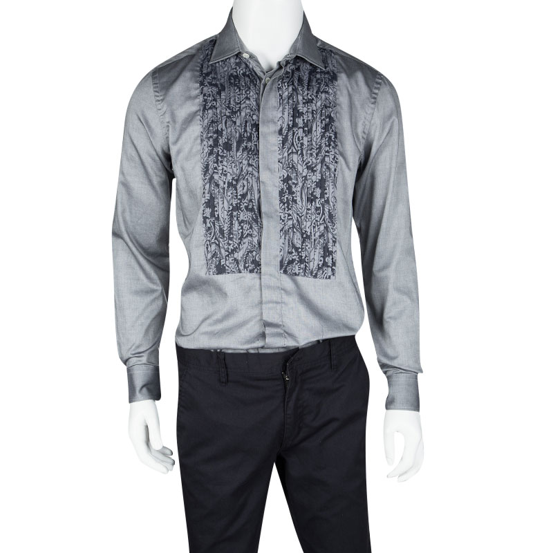 

Etro Grey Cotton Printed Pintucked Yoke Detail Long Sleeve Tuxedo Shirt