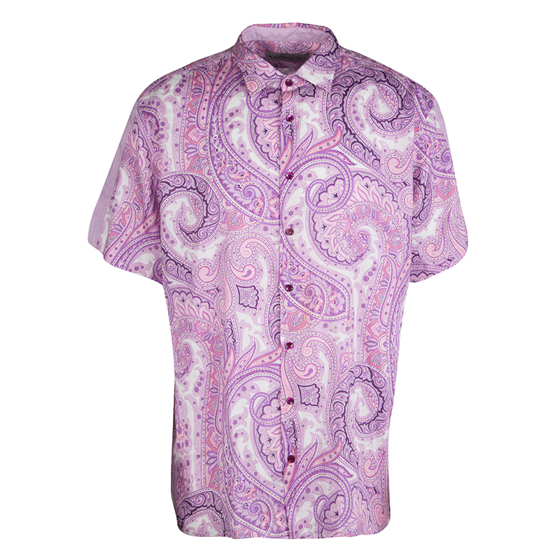 Etro Purple Paisley Printed Cotton Short Sleeve Button Front Shirt 2XL ...