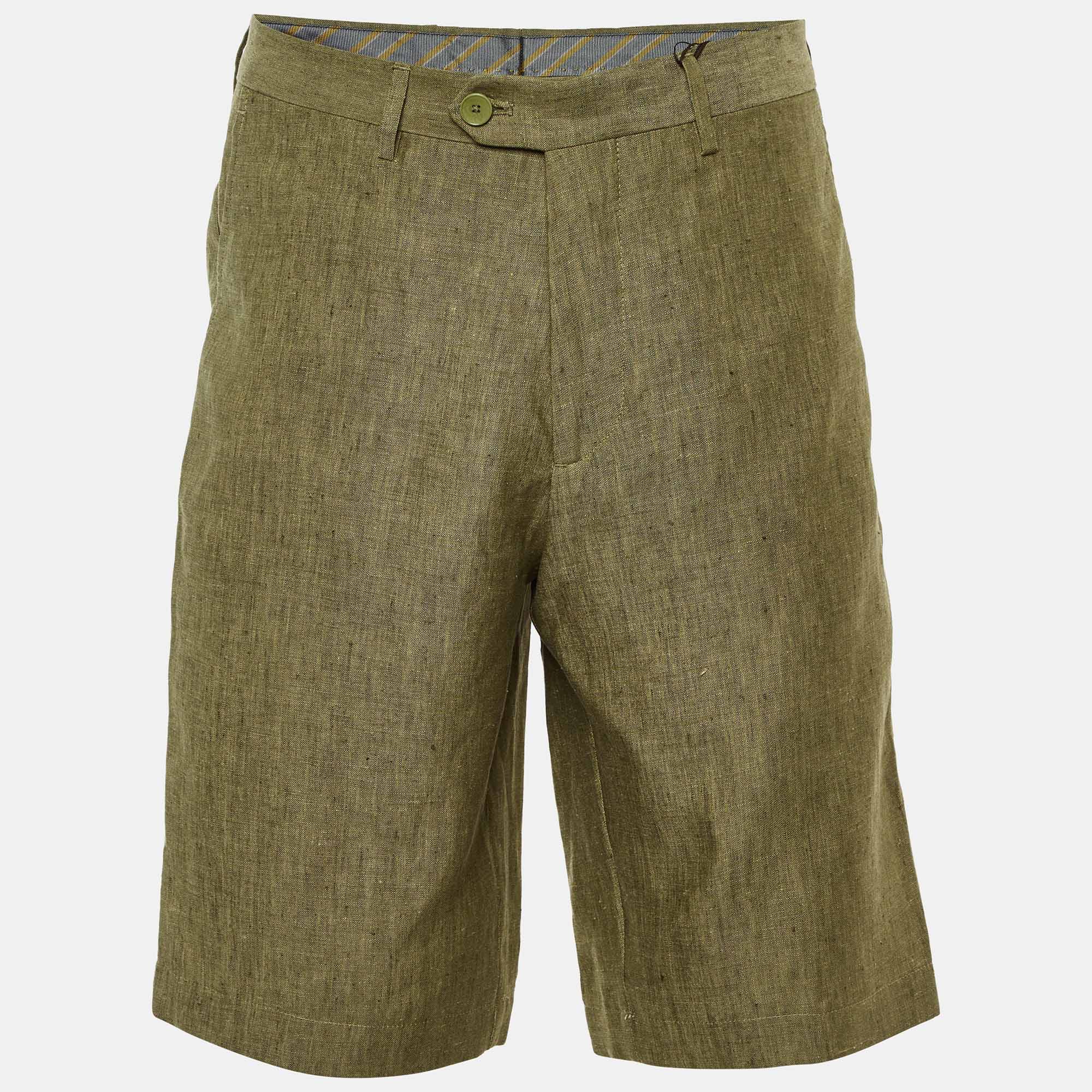

Etro Olive Green Melange Linen Shorts M/Waist 34"