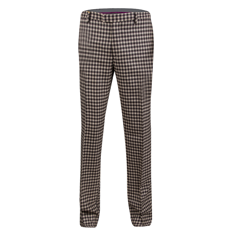 Pre Owned Etro Beige and Brown Wool Gingham Plaid Regular Fit Mexico Trousers L