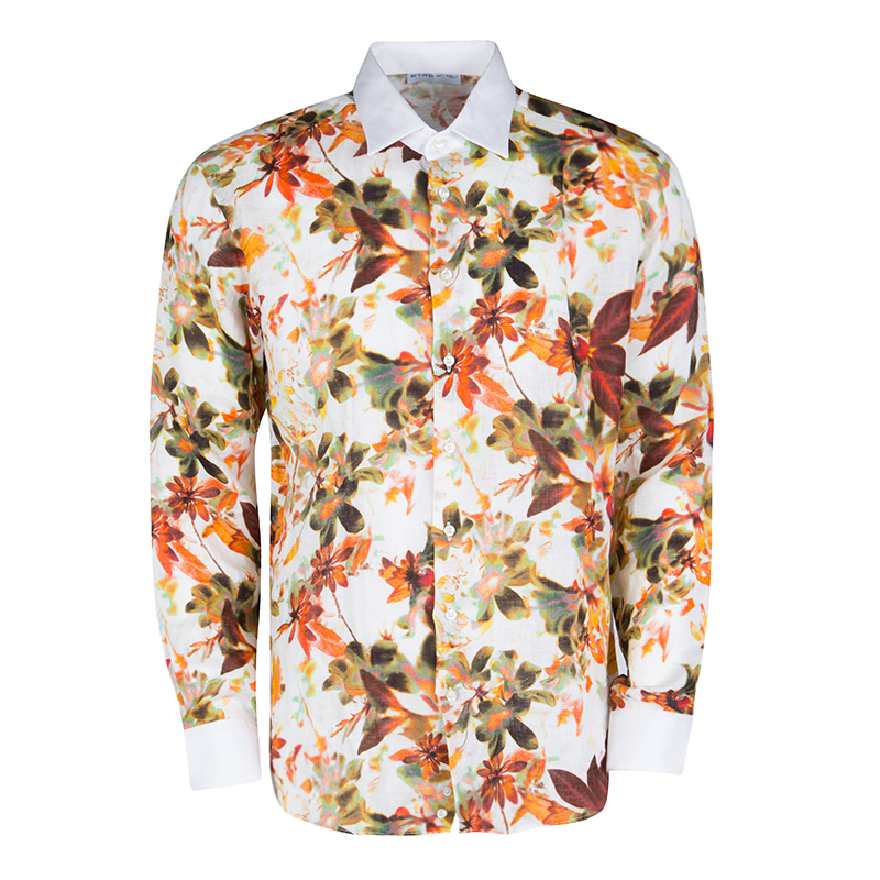 Pre Owned Etro Multicolor Floral Printed Linen Contrast Collar and Cuff Detail Merlino Shirt L
