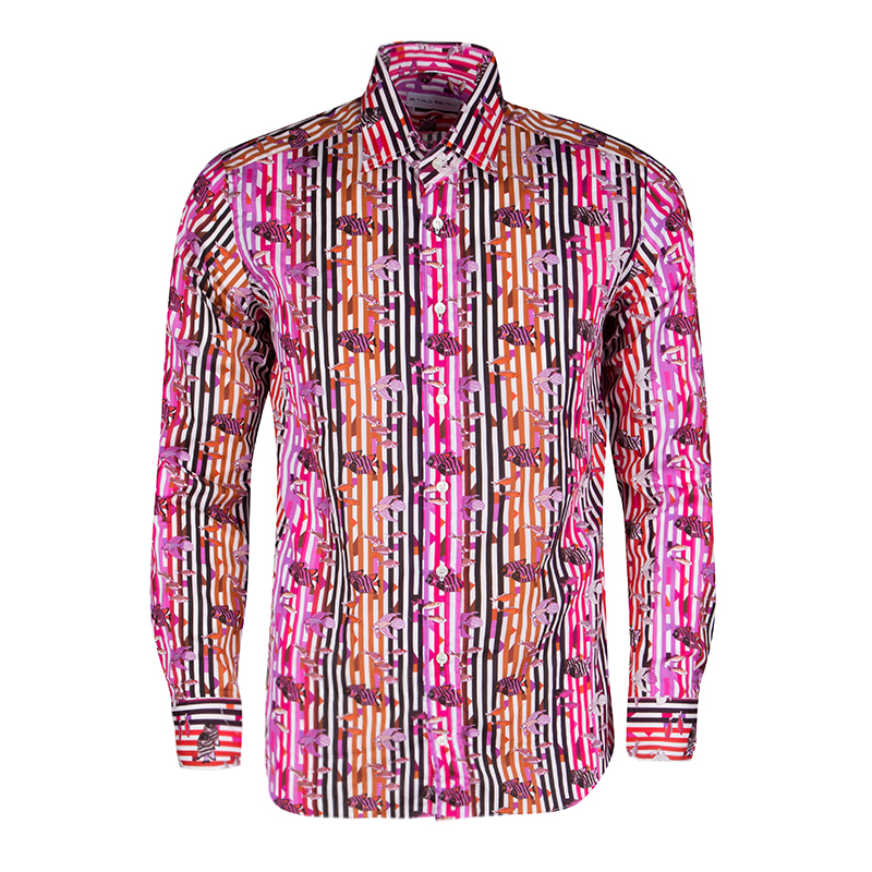 Pre Owned قميص إيترو أزرار أمامية أكمم طويلة قطن مخطط طباعة سمك متعدد الألوان S