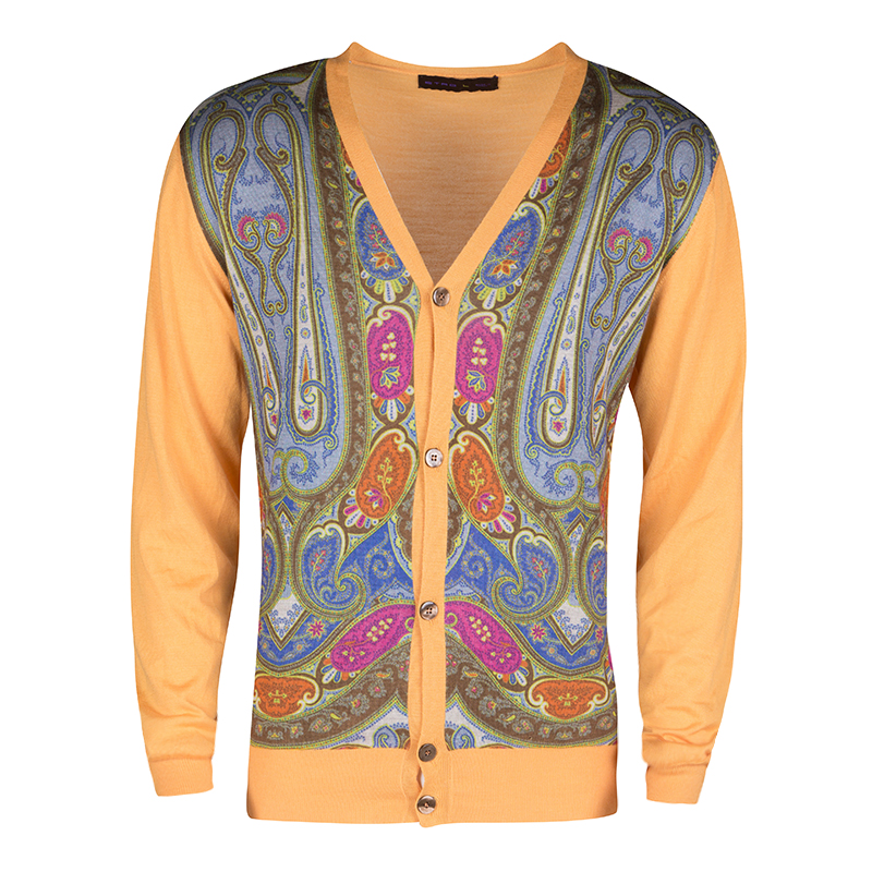 Pre Owned Etro Orange Paisley Printed Button Front Cardigan L