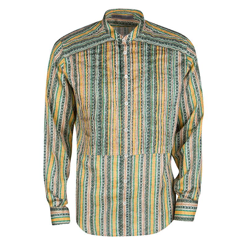 Pre Owned Etro Multicolor Striped Printed Cotton Pintuck Detail Mandarin Collar Shirt L