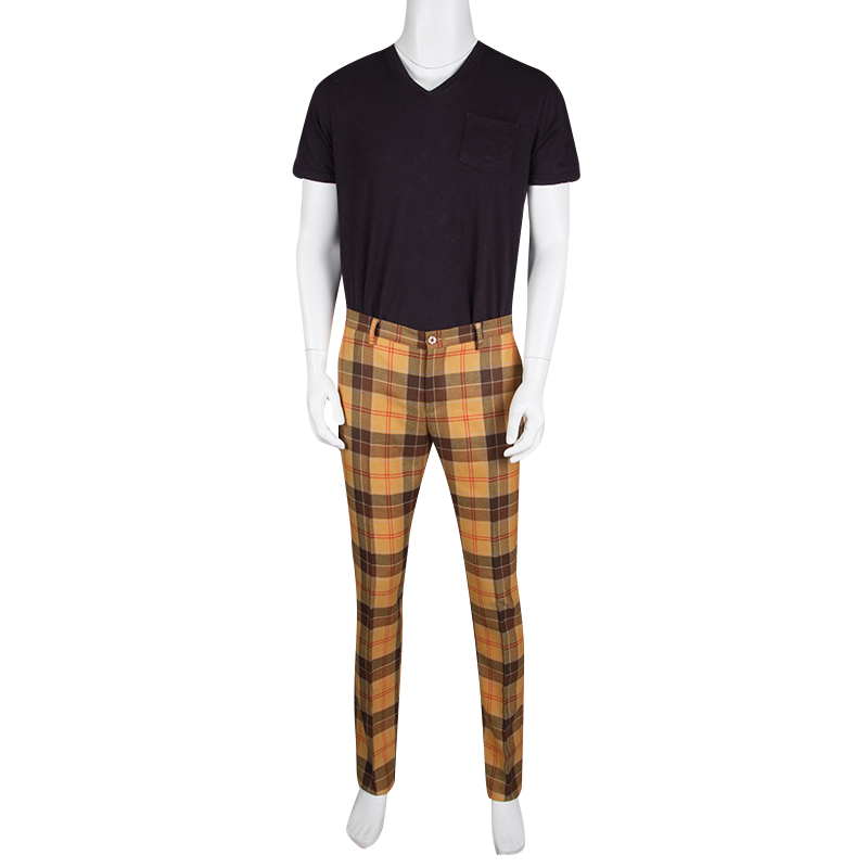 

Etro Tan Brown Plaid Checked Wool Cuba Slim Fit Trousers