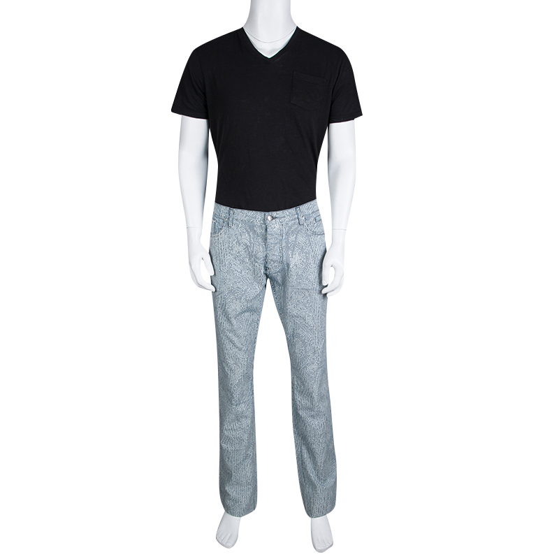 

Etro Indigo and White Striped and Printed Denim Straight Fit Jeans, Blue