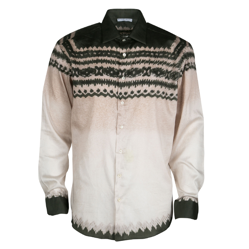 مملوكة مسبقًا Etro Bottle Green and Beige Tie Dye Print Long Sleeve Button Front Cotton Shirt L