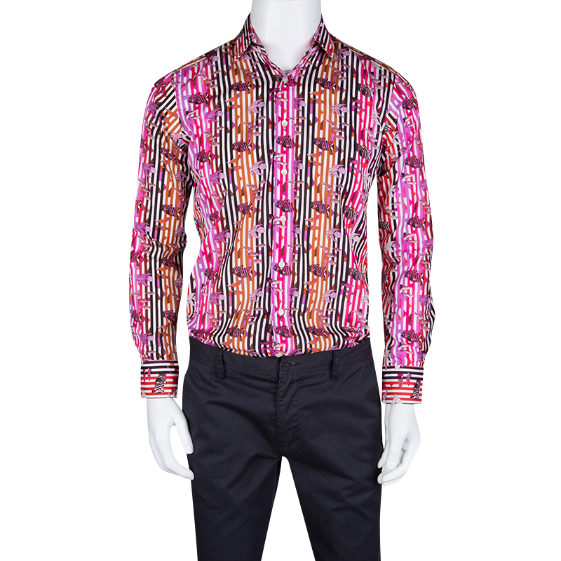 

Etro Multicolor Fish Print Striped Cotton Long Sleeve Button Front Shirt