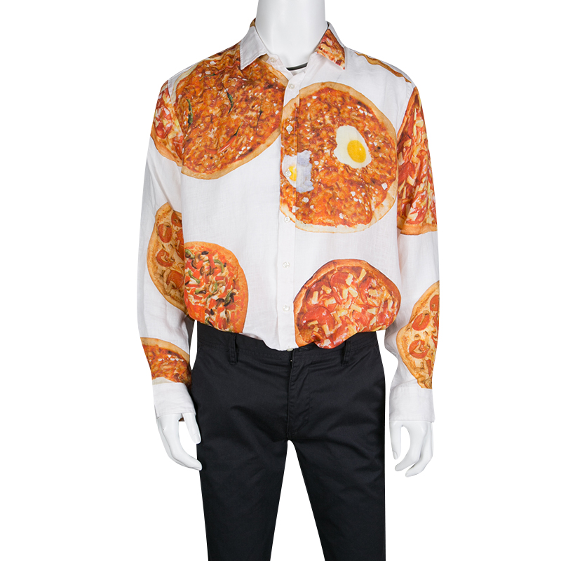 

Etro White Pizza Print Regular Fit Button Front Tom Linen Shirt