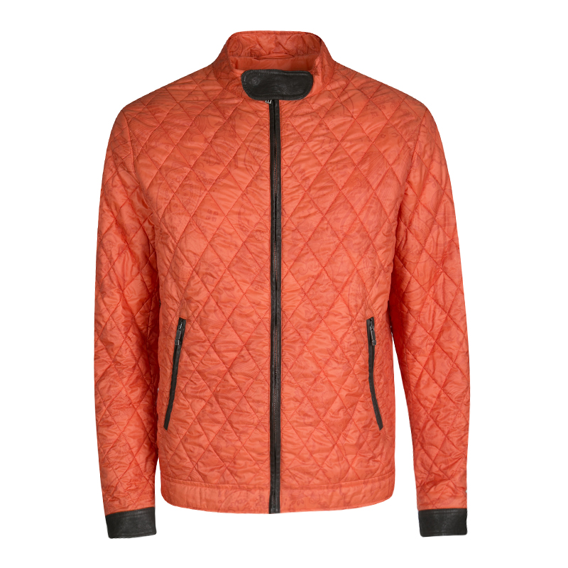 Pre Owned Etro Orange Paisley Print Diamond Quilted Leather Trim Zip Front Nylon Jacket L 