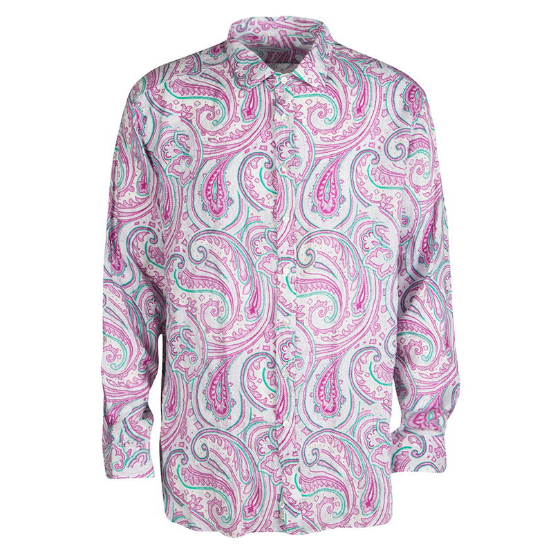 Pre Owned Etro White Paisley Printed Long Sleeve Button Front Linen Shirt 2XL