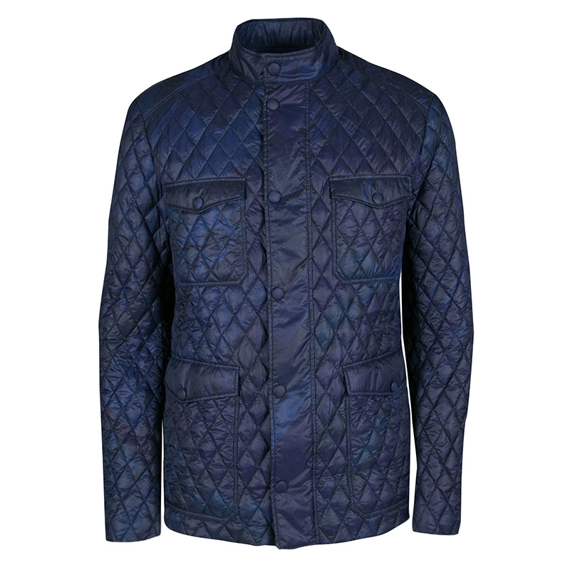 Etro Navy Blue and Black Paisley Print Diamond Quilted Jacket XL