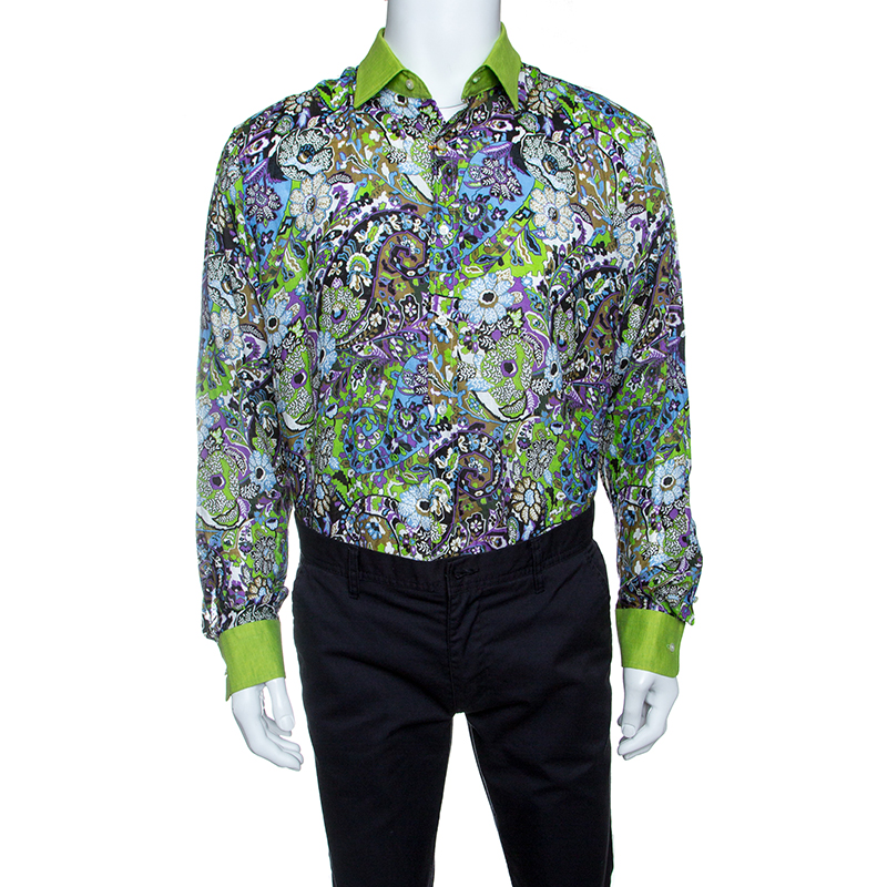 Pre Owned قميص إيترو أزرار أمامية أكمام طويلة كتان مطبوع متعدد الألوان L
