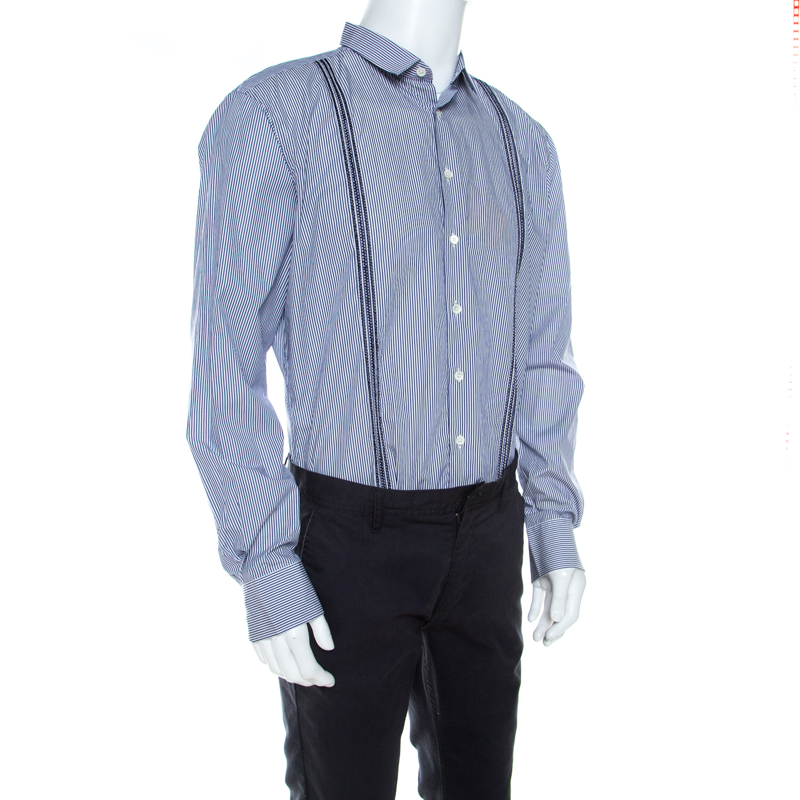 

Etro Navy Blue and White Striped Pintucked Embroidered Detail Shirt